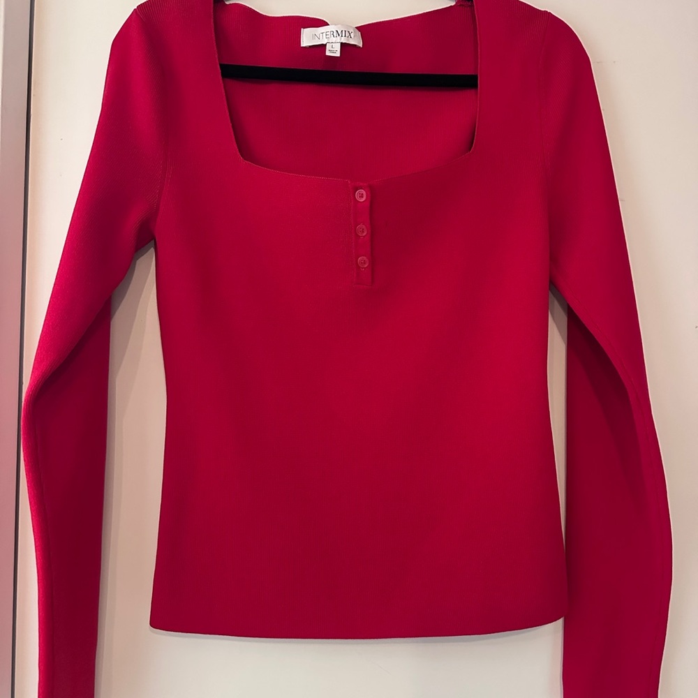 INTERMIX Vibrant Red Long Sleeve Square Neck Top